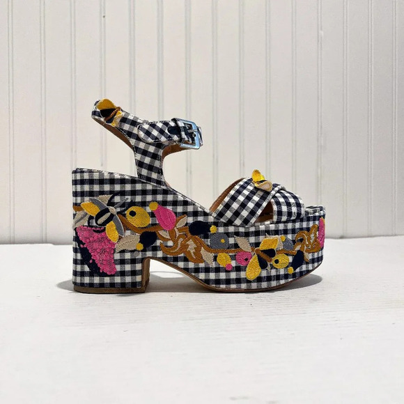 Laurence Dacade Helissa Navy Gingham Floral Embroidered Preppy Wedge Heels 39 - Picture 2 of 10